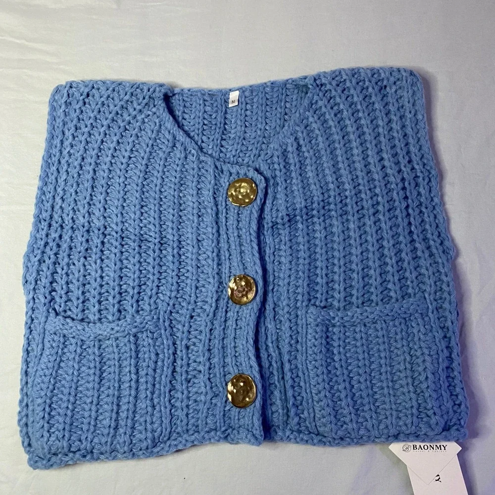 Baonmy Knit Oversized Sweater Vest Women M Blue NWT Gold‎ Button Chunky Ribbed